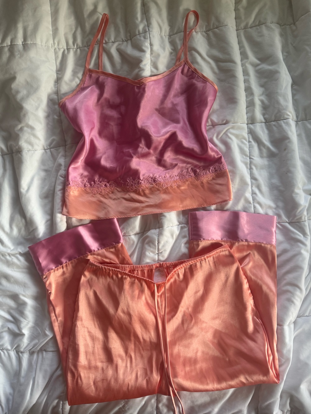 Vintage Pink & Peach Satin Camisole and Pants Sleep Set, embroidered detail